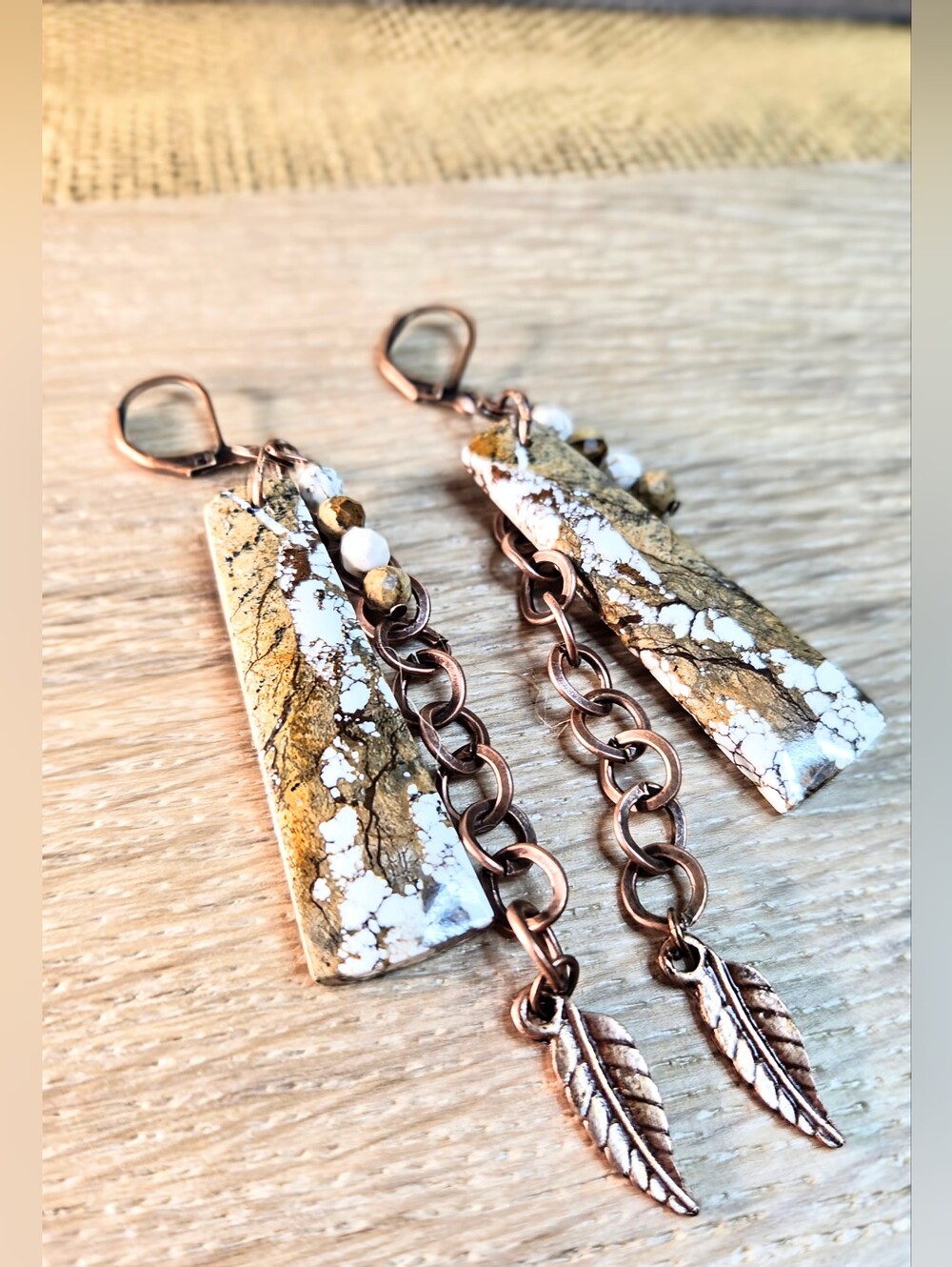 Natural Wild Horse Jasper In Rustic Artisan Handmade Statement Copper Earrings - Picture 5 of 8